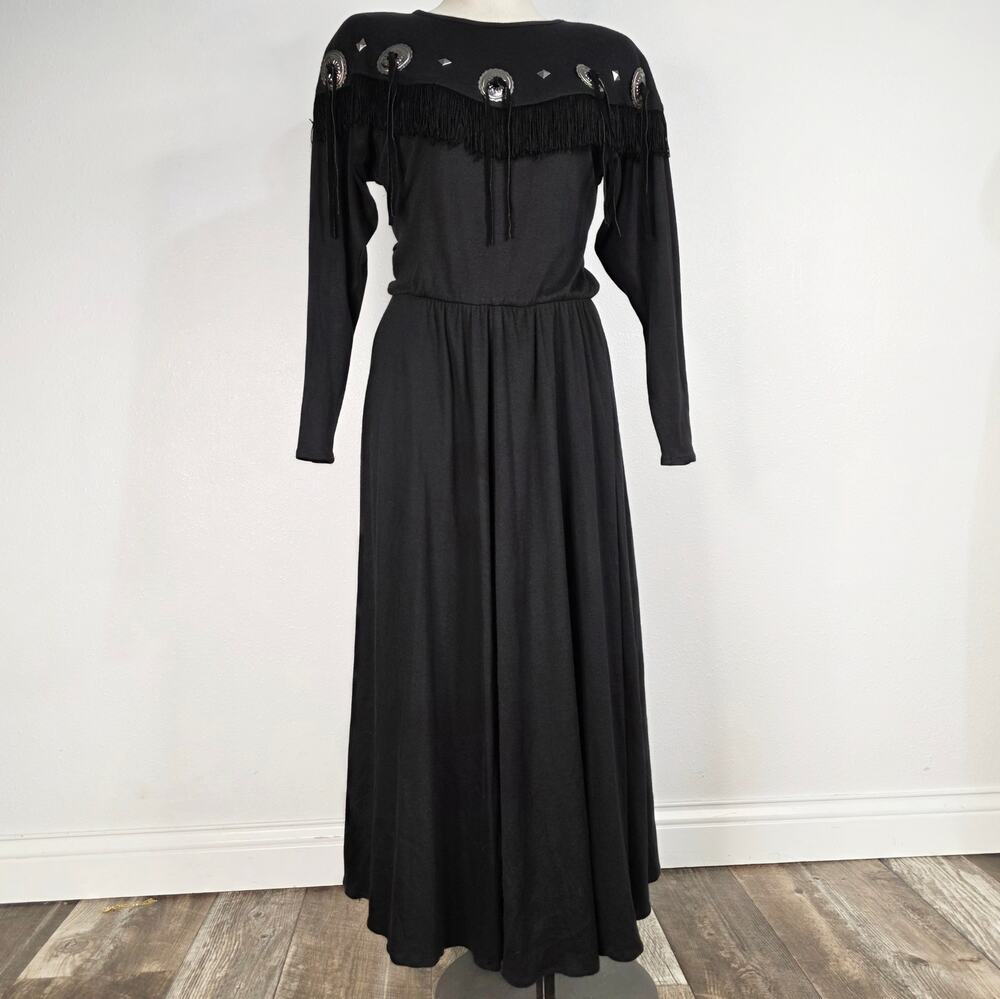 Vintage 80s Western Fringe Maxi Dress Black Concho Rodeo Size 9/10